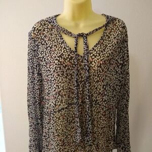 J. Jill Black Cream Red Leaves Tassels Sheer Medium Floral Print Women's Top